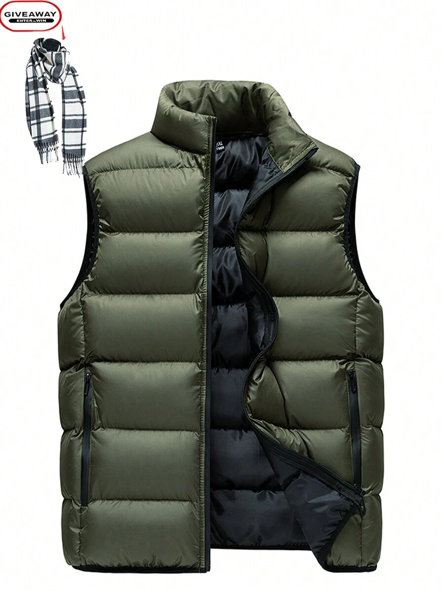 1 件男士冬季背心，附赠围巾，休闲宽松加厚外套，时尚 - 軍綠色 - 查看 1