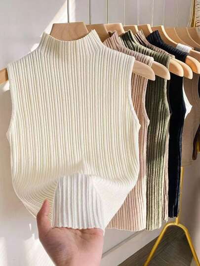 1pc Women Knit Stripe Collared Camisole, Multiple Colors Available - Black, White, Beige