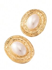 1 对几何纹理椭圆形人造珍珠镶嵌吊坠复古优雅女士耳环 - 金黃色 - 查看 7