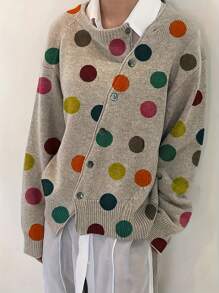 彩色圆点印花设计宽松休闲可爱针织开衫，日式风格 - 卡其色 - 查看 1