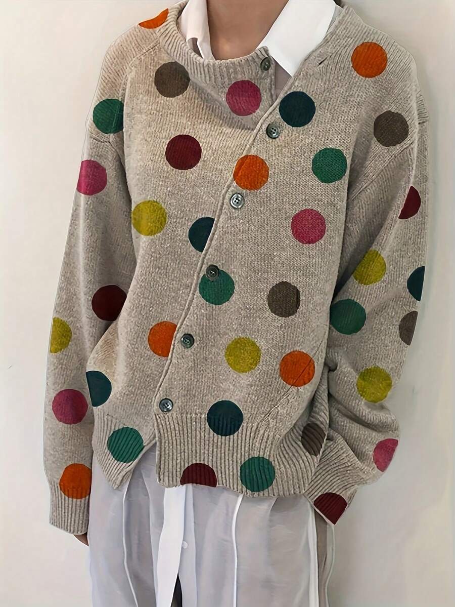 彩色圆点印花设计宽松休闲可爱针织开衫，日式风格 - 卡其色 - 查看 1