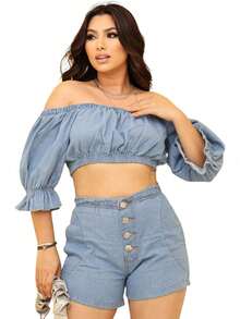 Women's Short And Cropped Kit Set  Jeans Short With Buttons With Bow Plain Summer Fashion Premium - 淺色水洗藍 - 查看 1