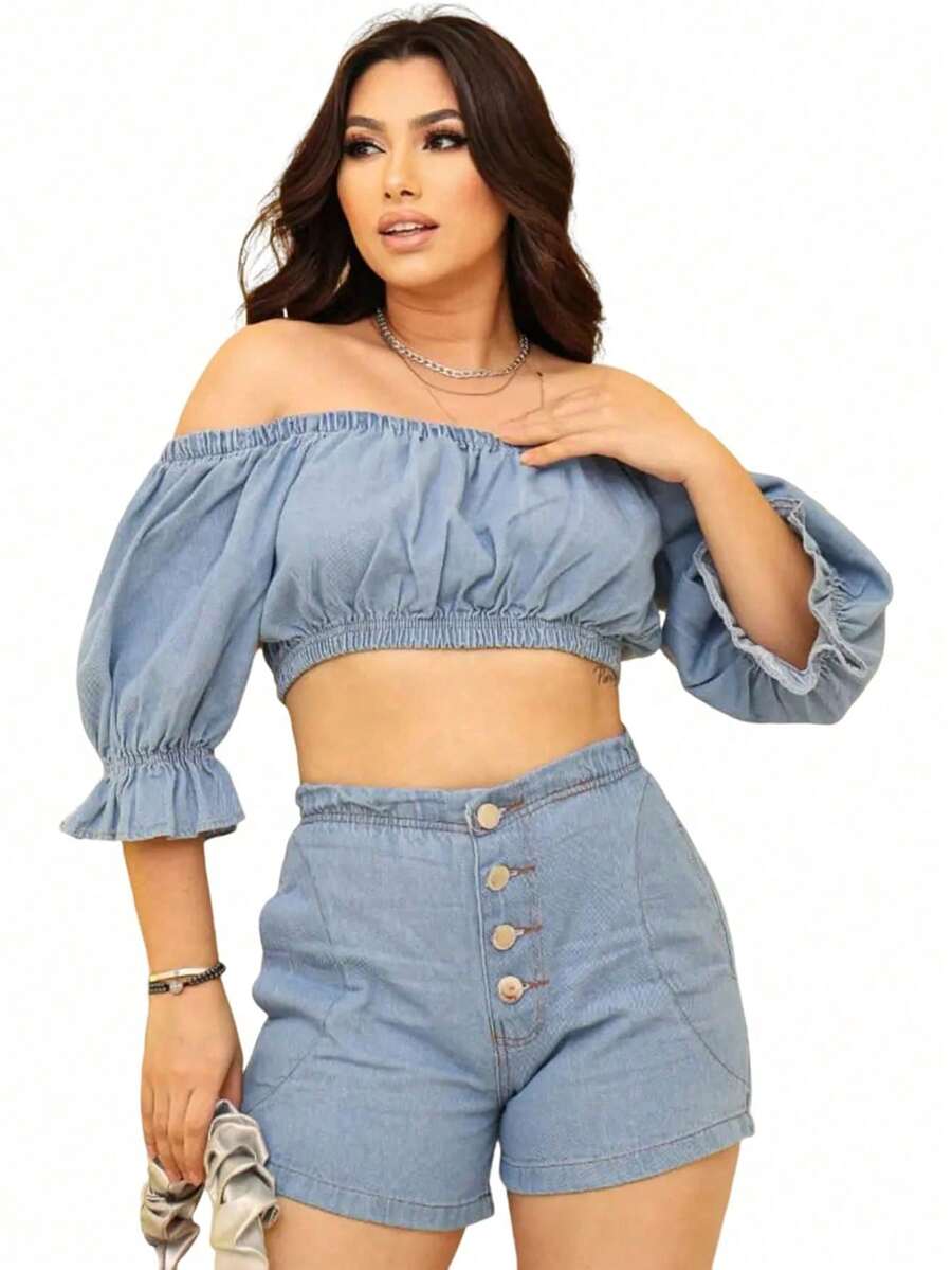 Women's Short And Cropped Kit Set  Jeans Short With Buttons With Bow Plain Summer Fashion Premium - 淺色水洗藍 - 查看 1