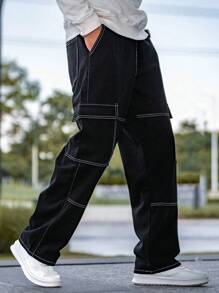 美式休闲宽松直筒阔腿黑色牛仔裤 - 黑色 - 查看 4