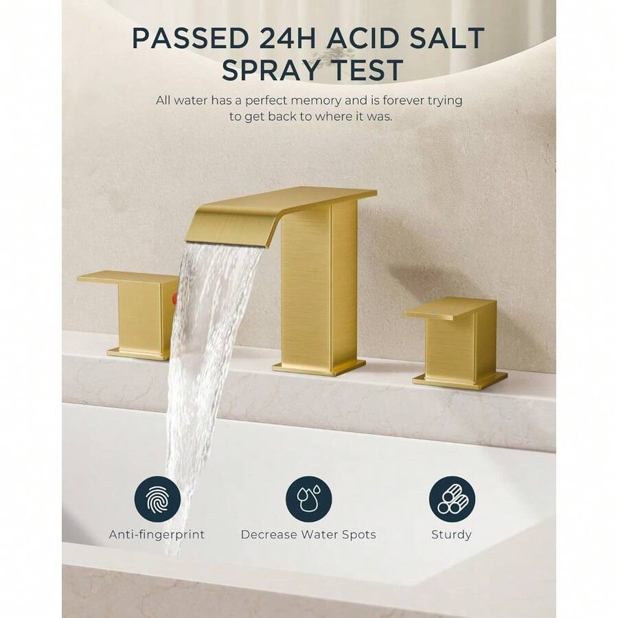 Bathroom Faucets, Brushed Gold Bathroom Faucet 3 Hole, Waterfall Gold