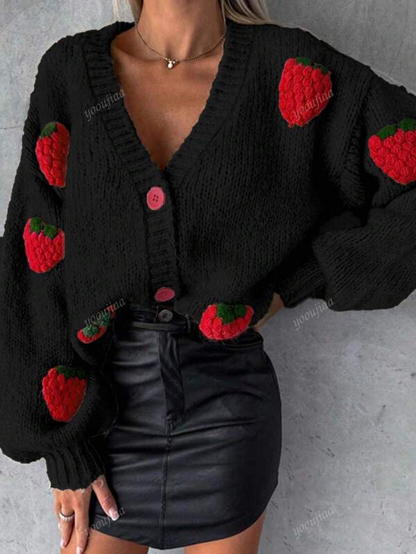 New Autumn And Winter Fashionable Sweet And Gentle Strawberry Decorated Lantern Sleeve Women's Cardigan