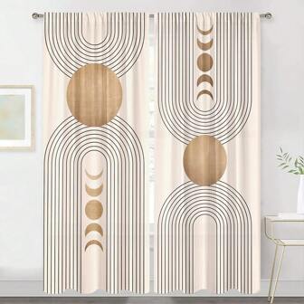 2pcs/Set Modern Simple Geometric Circular Line Pattern Semi-Sheer Digital Printed Curtain, Polyester Fabric, Suitable For Living Room, Bedroom, Dining Room, Study Room, Home Decor