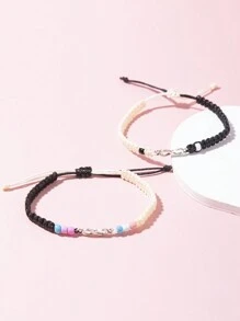 2pcs/Set Black & White Cute Handmade Adjustable Best Friend & Couple Bracelets Set - Multicolor - View 3
