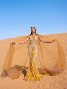 Faeriesty Haute Glamour Luxury Sheer Sleeves Mermaid Hem Beaded Sequin Formal Evening Dress - Yellow - View 4