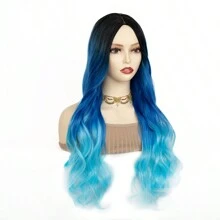 26 英寸长波浪假发渐变蓝紫色头发女士美人鱼紫色长卷发假发中分彩色合成假发适合派对角色扮演使用 - 漸層藍色 - 查看 3