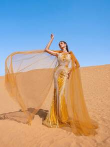 Faeriesty Haute Glamour Luxury Sheer Sleeves Mermaid Hem Beaded Sequin Formal Evening Dress - Yellow - View 6