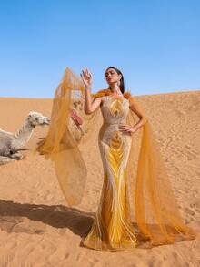 Faeriesty Haute Glamour Luxury Sheer Sleeves Mermaid Hem Beaded Sequin Formal Evening Dress - Yellow - View 8