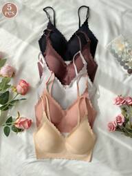 5 piezas Sujetador sin costuras de unicolor con borde concha para mujeres