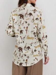 Camisa casual de manga larga con botones y estampado animal para mujeres