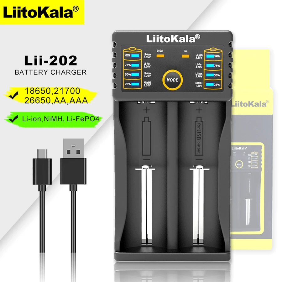 Liitokala Lii-202 18650 1.2V 3.7V 3.2V AA/AAA 26650 10440 16340 21700 20700 14500 18490 镍氢锂电池智能充电器 - Micro USB - 查看 1