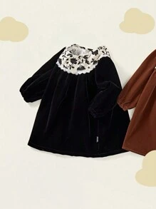 1 pièce Robe à col floral avec mancherons bouffants et garniture en dentelle vintage, pour jeune fille, pour l'automne/l'hiver
