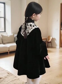 1 pièce Robe à col floral avec mancherons bouffants et garniture en dentelle vintage, pour jeune fille, pour l'automne/l'hiver