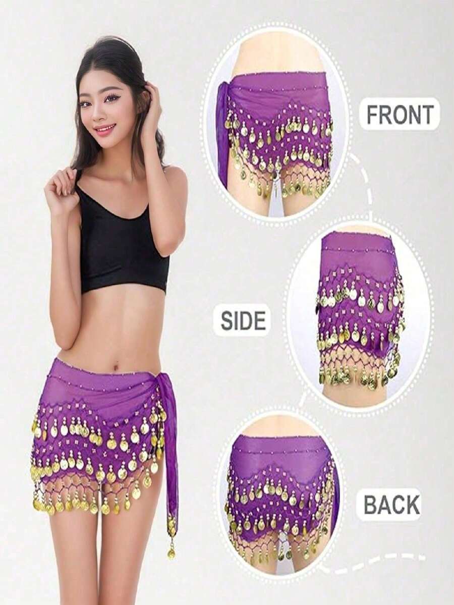 1 chiếc Belly Dance 128 chiếc dây thắt lưng xu, dây thắt lưng xu vàng 3 lớp để khiêu vũ, khăn thắt lưng tập khiêu vũ - Nhiều màu - Xem 1