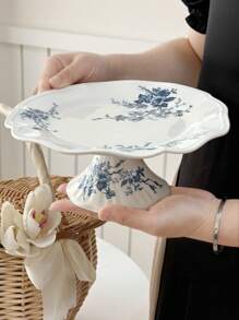 1pc Hand-Painted Flower Pattern Ceramic High Leg Tray, French Vintage Flower Jewelry Tray With High Aesthetic Value, Suitable For Restaurant, Living Room And Bedroom Use As Dessert Plate And Exquisite Cake Display Stand - Blue - View 6
