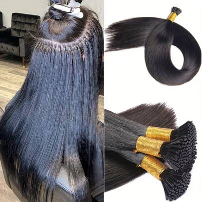 50片/套 I型角蛋白胶囊接发，100%真人发，自然黑色，16-26英寸