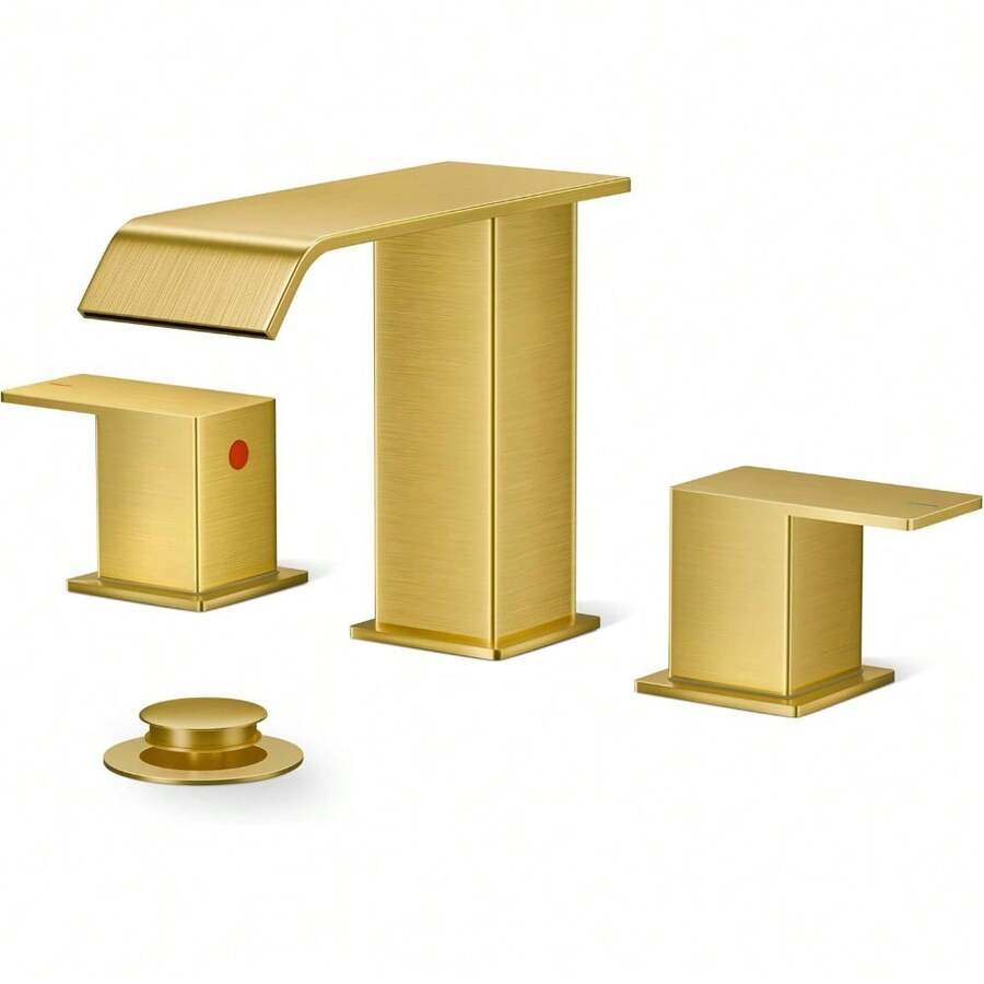 Bathroom Faucets, Brushed Gold Bathroom Faucet 3 Hole, Waterfall Gold