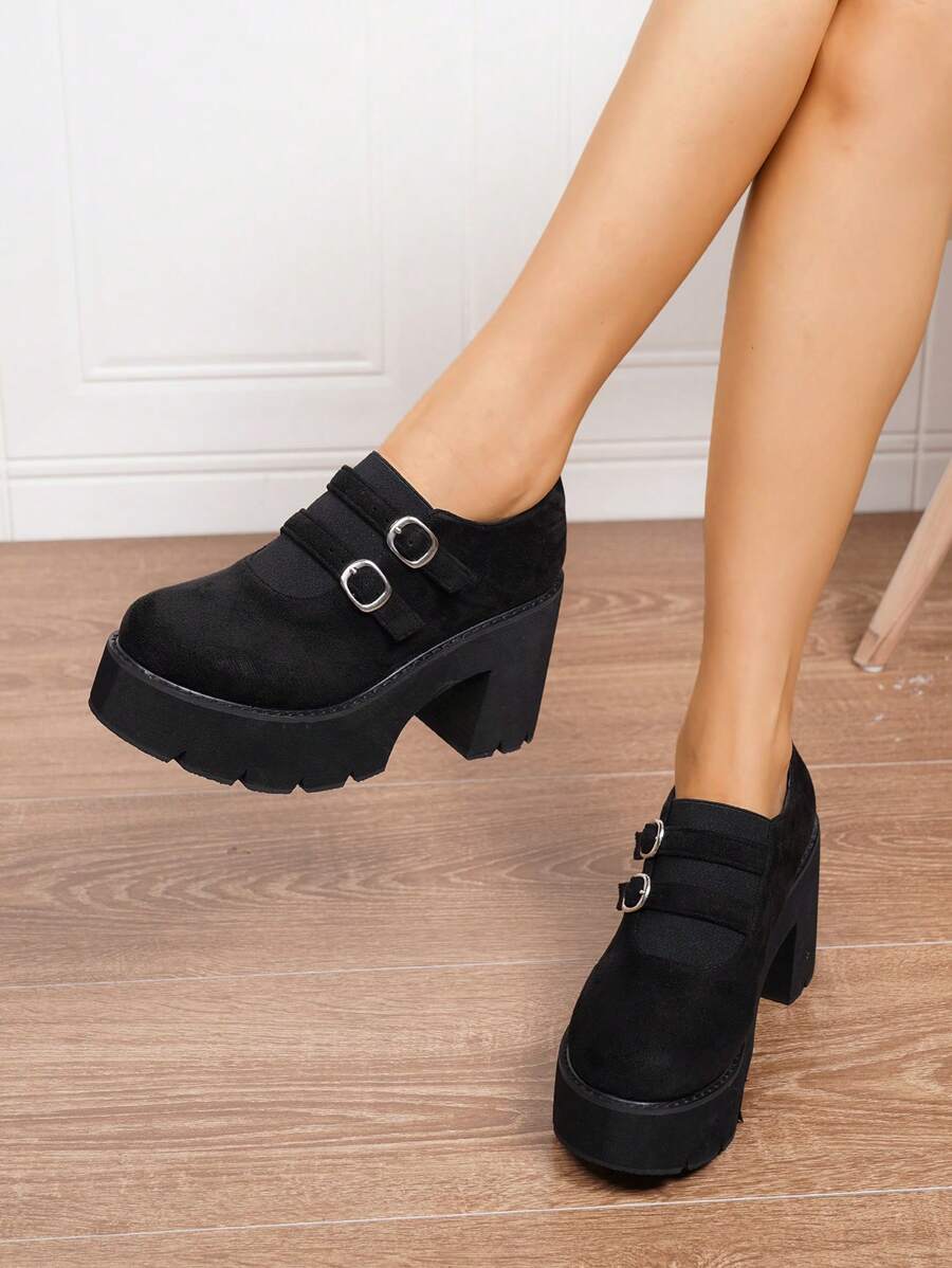 女士舒适防滑双扣黑色厚底坡跟鞋，适合秋冬季 - 黑色 - 查看 1