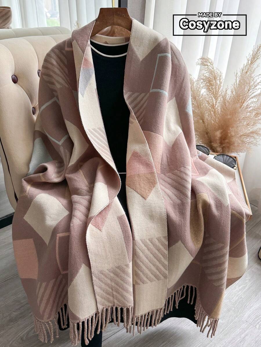 1 件女士几何提花时尚围巾,厚实温暖的长流苏羊绒披肩,适合日常使用,秋冬季配饰女士 - 卡其淺粉 - 查看 1