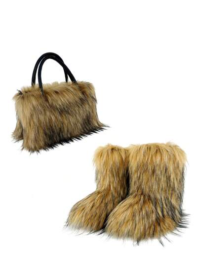 2025New Winter Fluffy Thermal Lined Snow Boots With Matching Furry Hand Bag, Women Large Capacity Bucket Bag