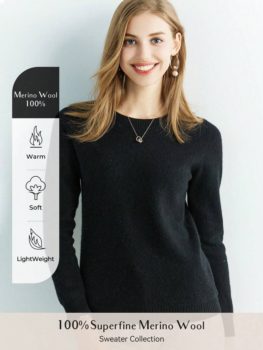 100% 美麗諾羊毛女式毛衣柔軟保暖輕便圓領套頭衫 - 黑色 - 查看 1
