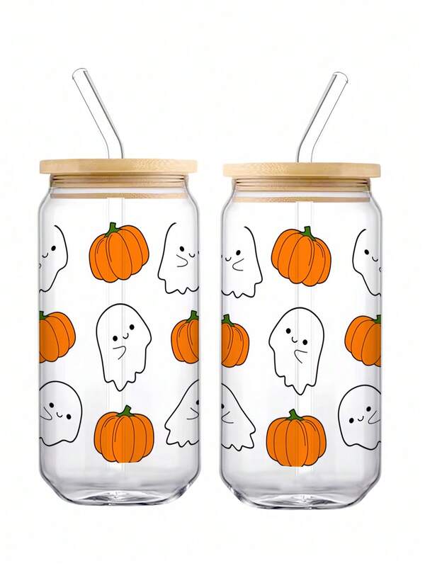 Cute Pumpkin Ghost 550ml Glass Coffee Cup With Sealed Bamboo Lid And Straw, Christmas, Halloween, Suitable For Women, Home, Office, For Coffee, Tea, Beer, Juice, Hot And Cold Drinks, Smoothies, Etc. Reusable, Thermal Insulation, Used For Parties, Gatherings, Festivals, Thanksgiving, Christmas, Halloween, Day Of The Dead,