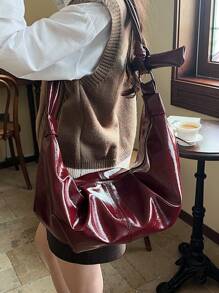 Geantă de umăr plisată din piele PU strălucitoare, vintage vișinie, uleiată, ceară, geantă crossbody casual versatilă pentru femei, capacitate mare, potrivită pentru naveta zilnică, întâlniri, cumpărături, în formă de semilună