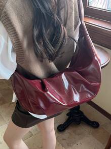 Geantă de umăr plisată din piele PU strălucitoare, vintage vișinie, uleiată, ceară, geantă crossbody casual versatilă pentru femei, capacitate mare, potrivită pentru naveta zilnică, întâlniri, cumpărături, în formă de semilună