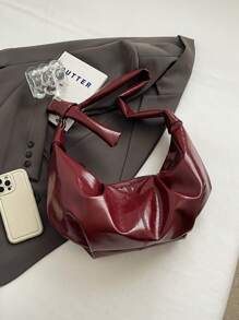 Geantă de umăr plisată din piele PU strălucitoare, vintage vișinie, uleiată, ceară, geantă crossbody casual versatilă pentru femei, capacitate mare, potrivită pentru naveta zilnică, întâlniri, cumpărături, în formă de semilună