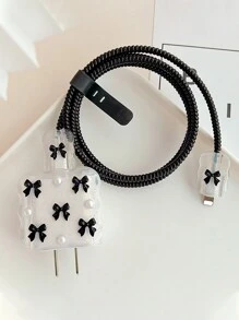 5pcs Black Bow Data Cable Protector Compatible With 20W Apple Charger Charger Protector