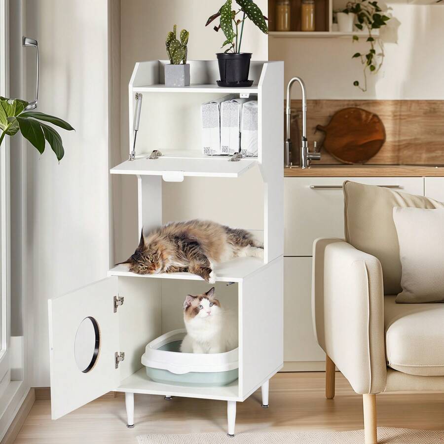 Litter Box Enclosure With Shelves And Doors White Wooden Hidden Cat