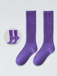 1双女士长筒袜，过膝袜，中筒袜，纯色小腿袜，堆堆袜，简约百搭，四季皆宜，日常穿着舒适保暖。 - 紫色 - 查看 3