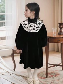 1 pièce Robe à col floral avec mancherons bouffants et garniture en dentelle vintage, pour jeune fille, pour l'automne/l'hiver