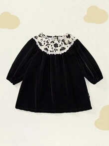 1 pièce Robe à col floral avec mancherons bouffants et garniture en dentelle vintage, pour jeune fille, pour l'automne/l'hiver