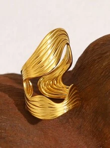 1pc Fashionable Titanium Steel Ring For Women, 18K Gold Plated, Asymmetrical Design, Tarnish Resistant - Yellow Gold - View 7