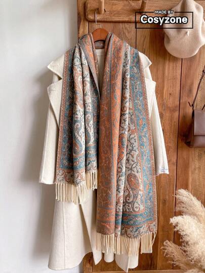1 قطعة وشاح/شال نسائي من الكشمير الاصطناعي بطراز بوهيمي مزخرف بالباييت والشرابات، مناسب للاستخدام في السفر والموسم الانتقالي بين الخريف والشتاء