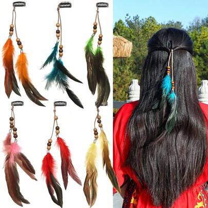 1个女士多色羽毛流苏发夹，复古小众，甜美BB夹，羽毛流苏发饰，适合日常佩戴和节日装饰，爪夹发夹，发卡，学习用品，发饰，头部饰品，发夹