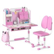 2Pcs/Set Kids Study Desk Chair Set, Height Adjustable Children School Study Table Chair Set With Sitting Corrector, Ergonomic Desk Chair With Book Stand, Foot Pedal, Partition Design (Pink, Blue)