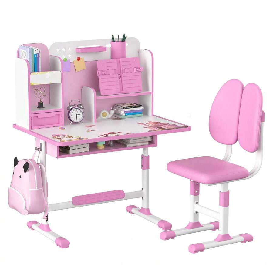 2Pcs/Set Kids Study Desk Chair Set, Height Adjustable Children School Study Table Chair Set With Sitting Corrector, Ergonomic Desk Chair With Book Stand, Foot Pedal, Partition Design (Pink, Blue)