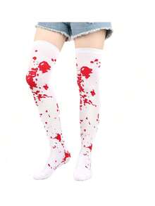 1 Pair Halloween Bleeding Socks, Bat Socks, Holiday Costume Props, COS Makeup Party, Skull Pattern Knee-High Blood Socks - Multicolor - View 11