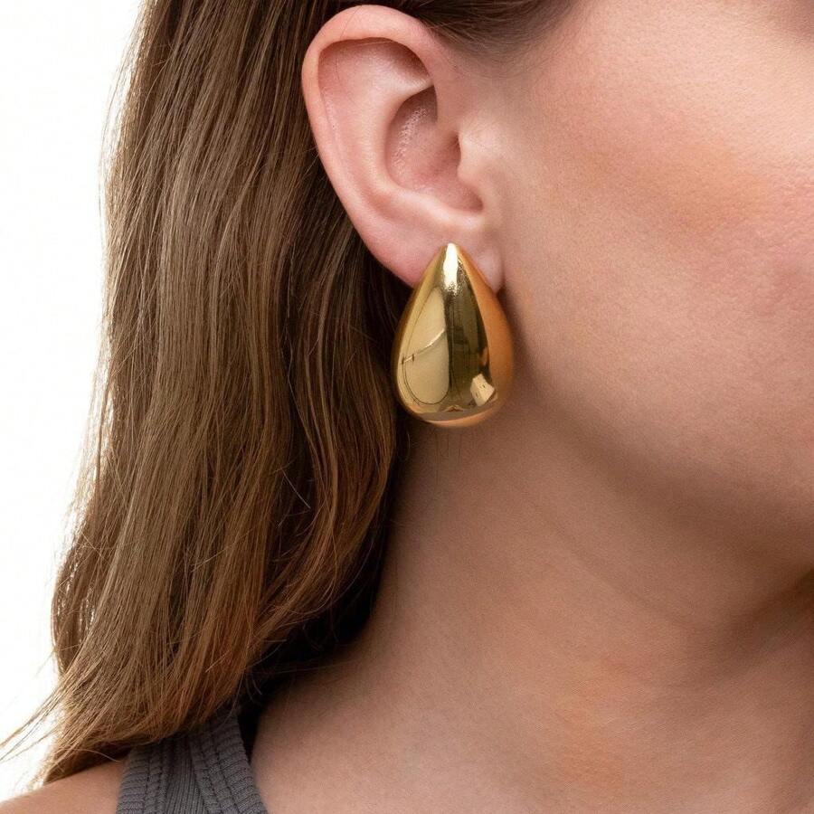 Large Smooth Drop Earring Domed Metal 18k Gold Plated - Vàng - Xem 1