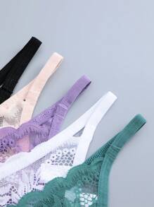 5 件女式纯色蕾丝花朵紧腰低腰性感丁字裤套装，女士内衣 - 彩色 - 查看 6