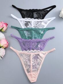 5 件女式纯色蕾丝花朵紧腰低腰性感丁字裤套装，女士内衣 - 彩色 - 查看 2