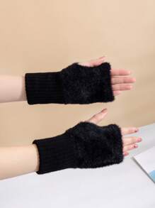 Winter Student Fingerless Gloves Fur Knit Writing Office Cycling Long Wrist Warm Gloves