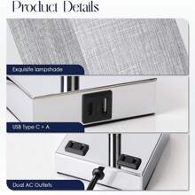 Bedside Lamp With USB Ports - Touch Control Table Lamp For Bedroom With USB C+A Charging Ports & AC Outlets, 3 Way Dimmable Nightstand Light For Living Room (LED Bulb Included, Chrome - White) - View 5