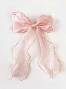 1pc Sweet Pink Princess Mesh Bow With Long Wavy Ribbon Spring Elegant And Gentle Half-Up Hair Clip Hair Accessory Valentine's Day - Pink - View 3